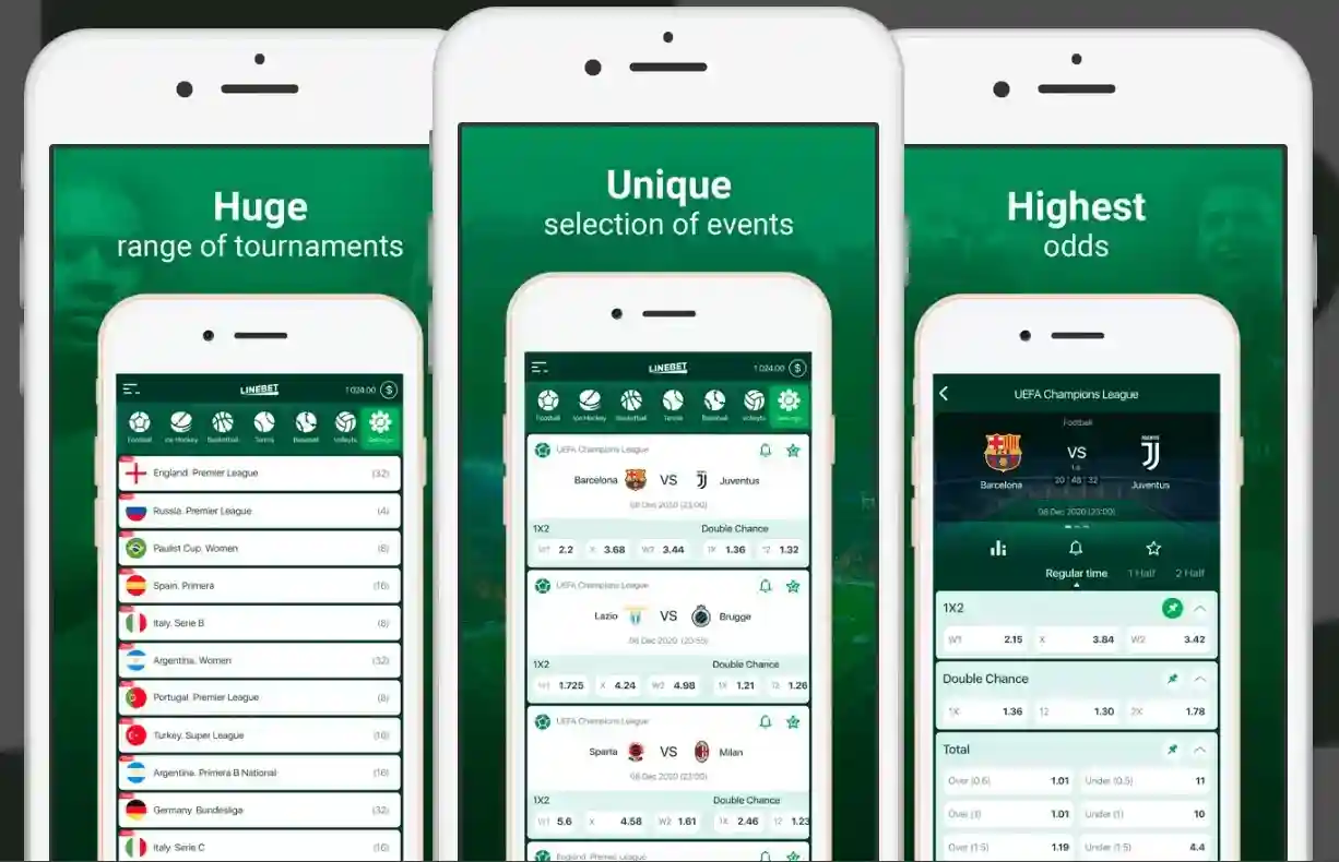 Présentation de la plateforme Linebet montrant l'interface de l'application mobile pour les paris sportifs et le casino
