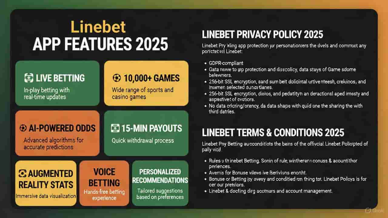 Aperçu des fonctionnalités de l'application Linebet montrant l'interface de paris sportifs, le lobby du casino et l'interface de paiement